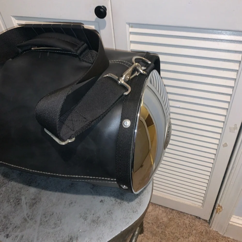 Harley Davidson Chrome Hubcap Leather Travel Duffle Bag Silver black